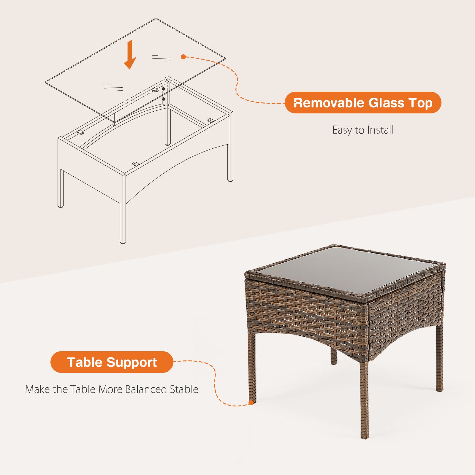 Wicker table with removable glass top and table support structure on a light background