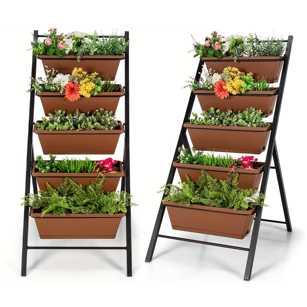 Two identical ladder-style plant stands with terracotta pots and plants on a white background