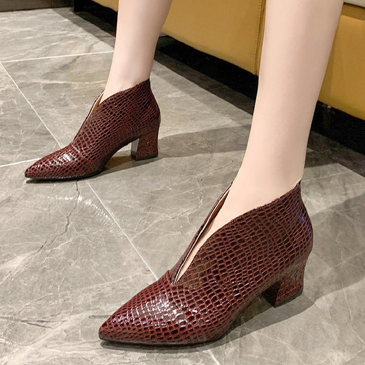 V Cut Women's Fashion Pointed Embossed Chunky Heel Martin Boots