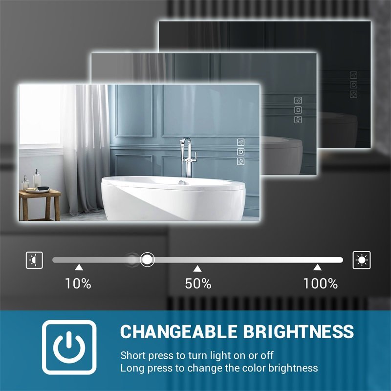Bathroom scene with a smart mirror displaying changeable brightness control.