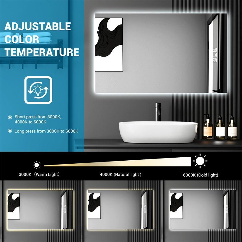 Bathroom vanity with a mirror and light control panel, highlighting adjustable color temperature.