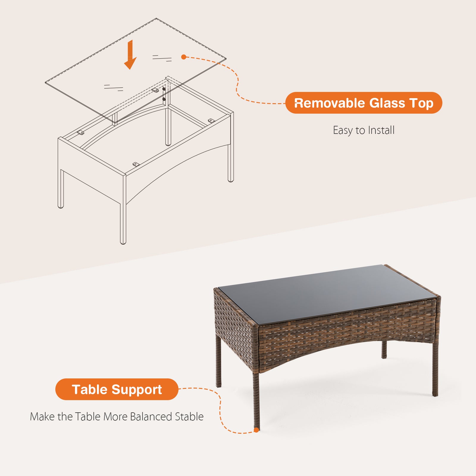 Illustration of a patio chair set table with a removable glass top and table support