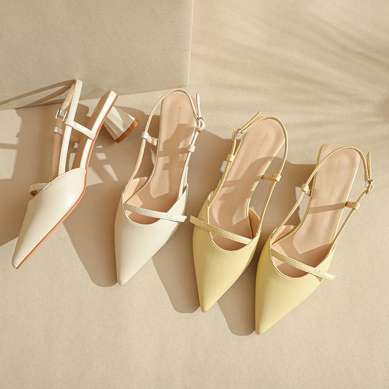 Women's Chunky Heel Low Heel Pointed Leather Stitching Fashion Sandals