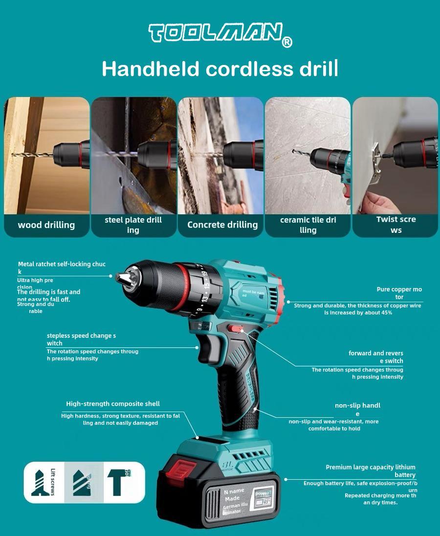 Cordless drill for household repairs and projects
Multi-functional cordless drill kit