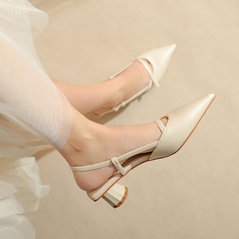 Women's Chunky Heel Low Heel Pointed Leather Stitching Fashion Sandals