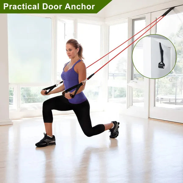Woman exercising with resistance bands in a bright room, highlighting a practical door anchor.