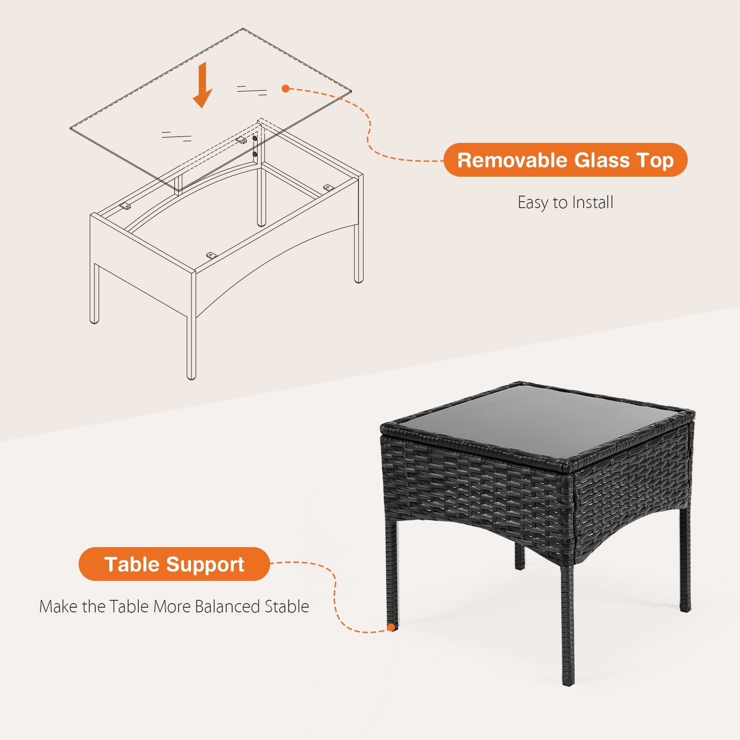 Diagram and table with removable glass top and table support on a light background