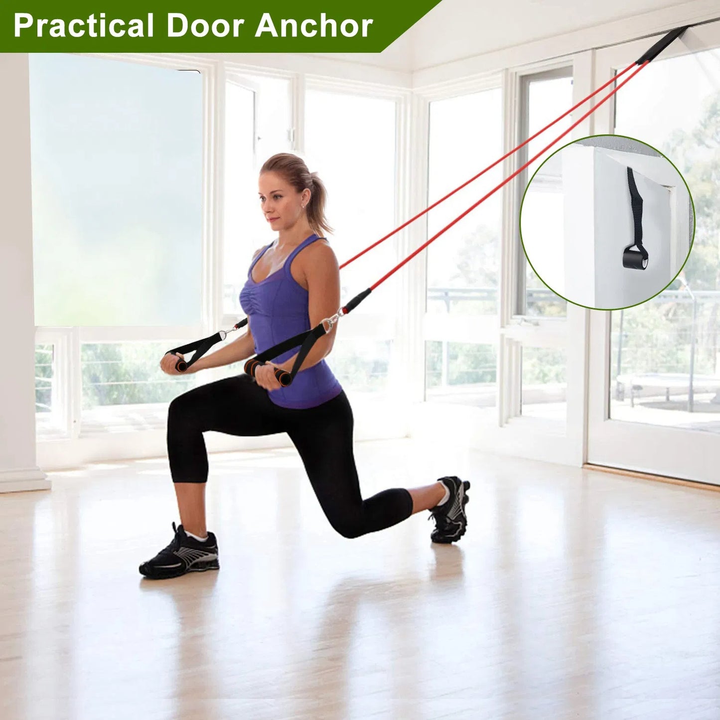 Woman exercising with resistance bands in a bright room, highlighting a practical door anchor.