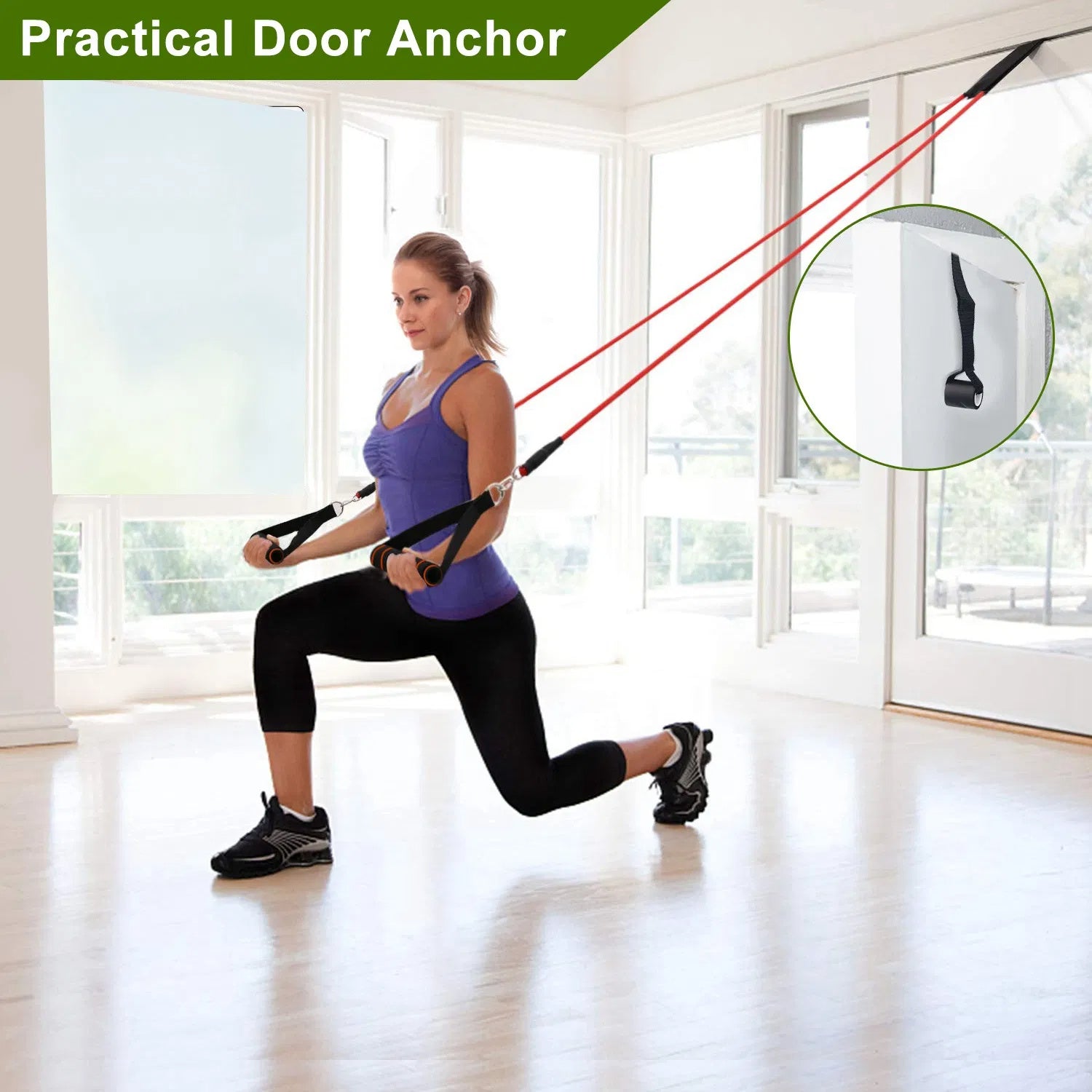 Woman exercising with resistance bands in a bright room, highlighting a practical door anchor.