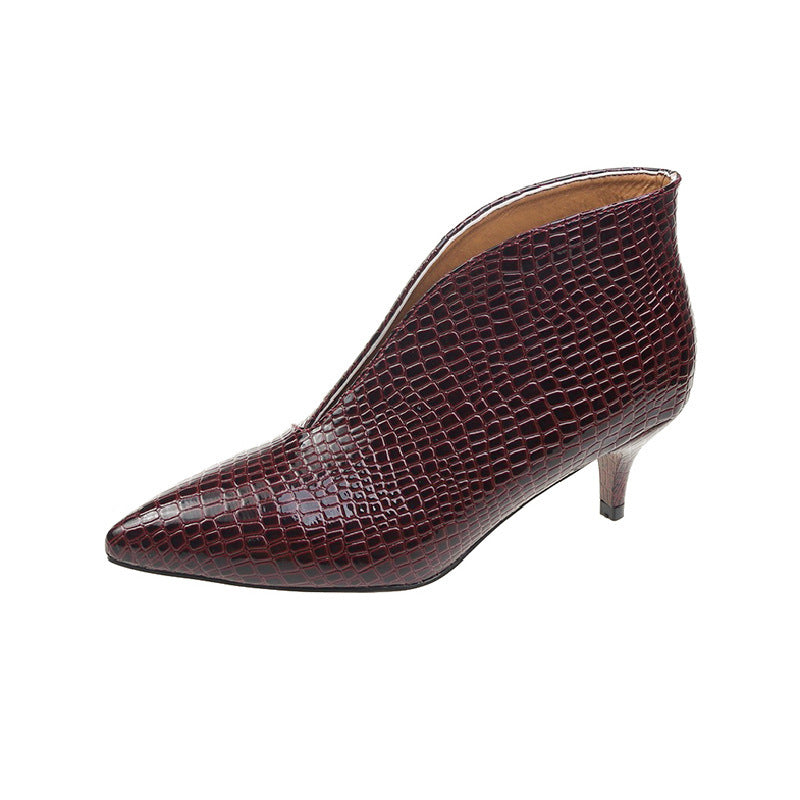 V Cut Women's Fashion Pointed Embossed Chunky Heel Martin Boots