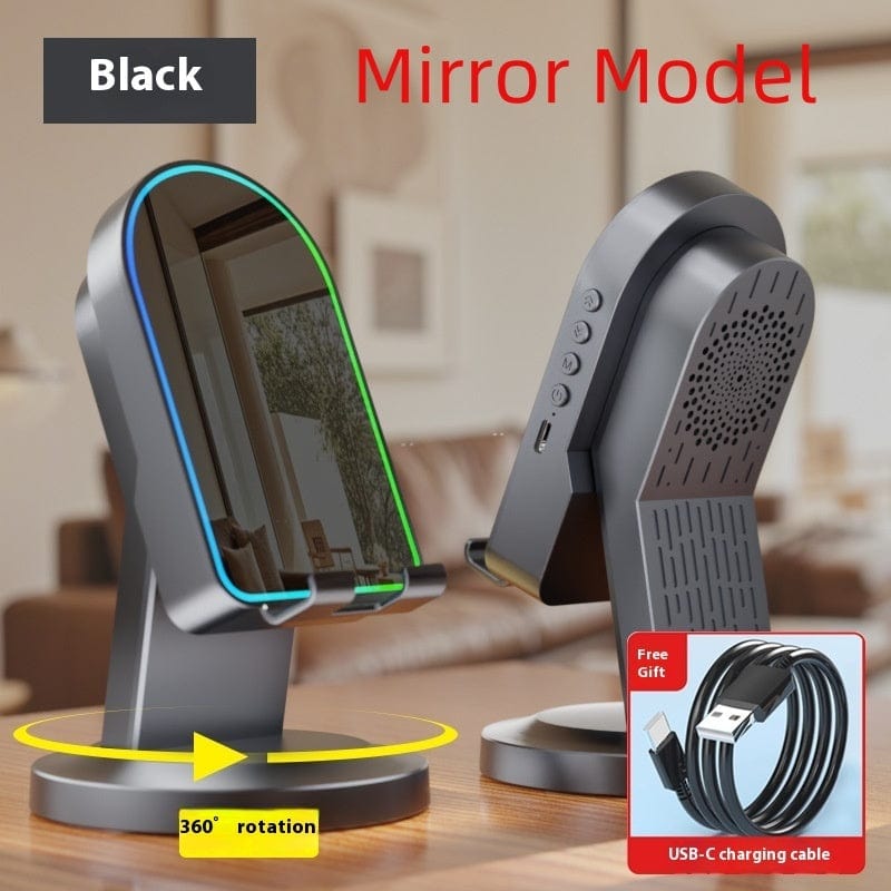 Black mirror model electronic device with 360-degree rotation feature on a wooden surface.