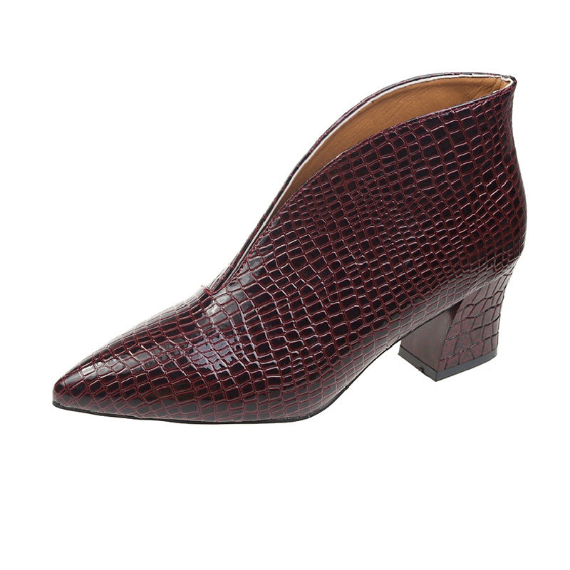 V Cut Women's Fashion Pointed Embossed Chunky Heel Martin Boots