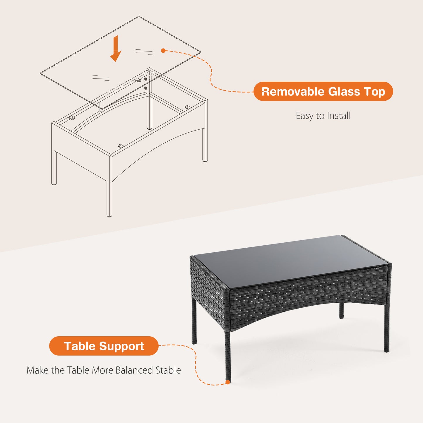 Diagram and photo of a patio chair set in black table with a removable glass top and stable base.