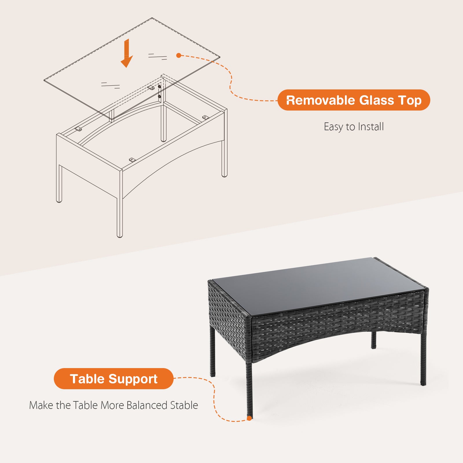 Diagram and photo of a patio chair set in black table with a removable glass top and stable base.