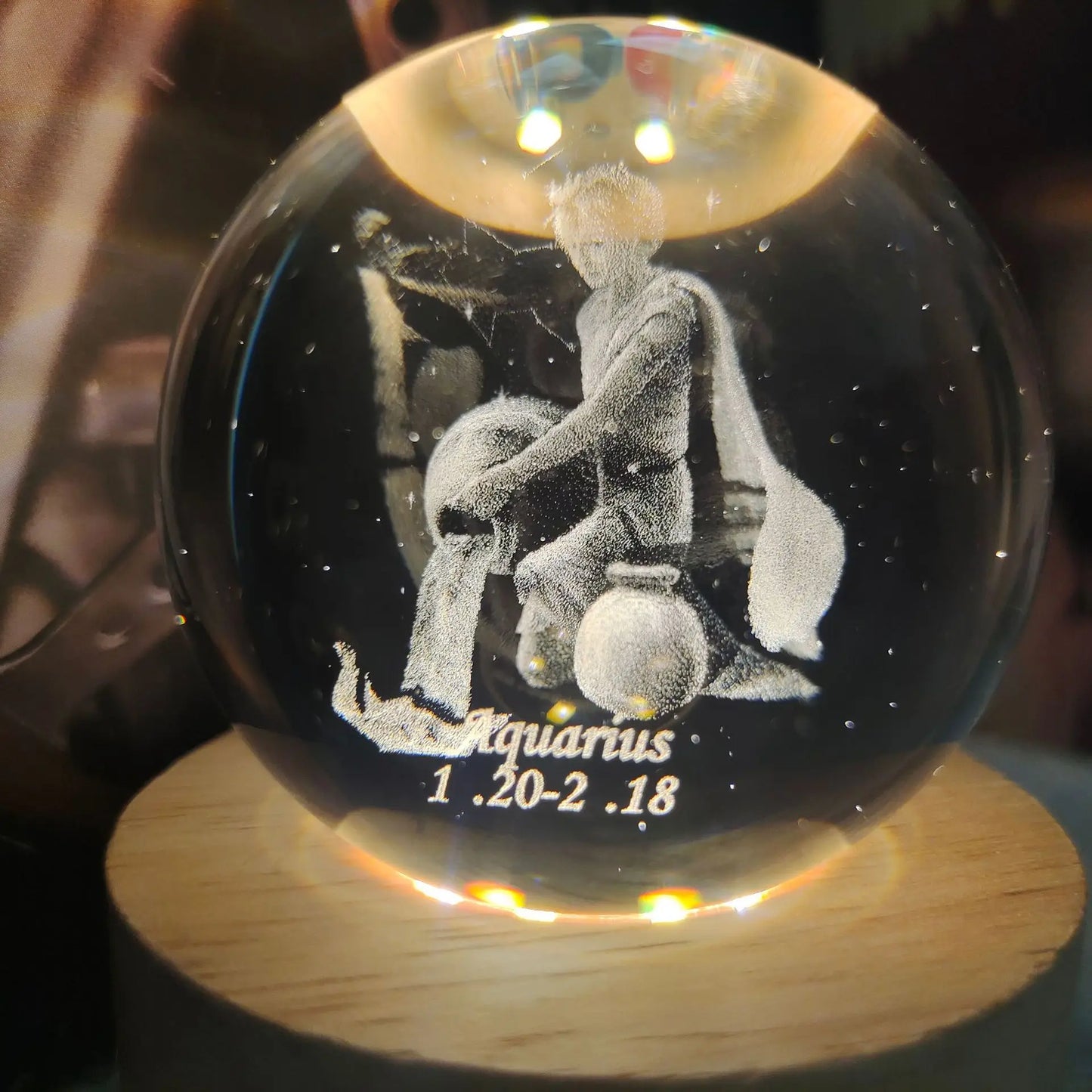 3D laser engraved crystal ball Aquarius zodiac sign