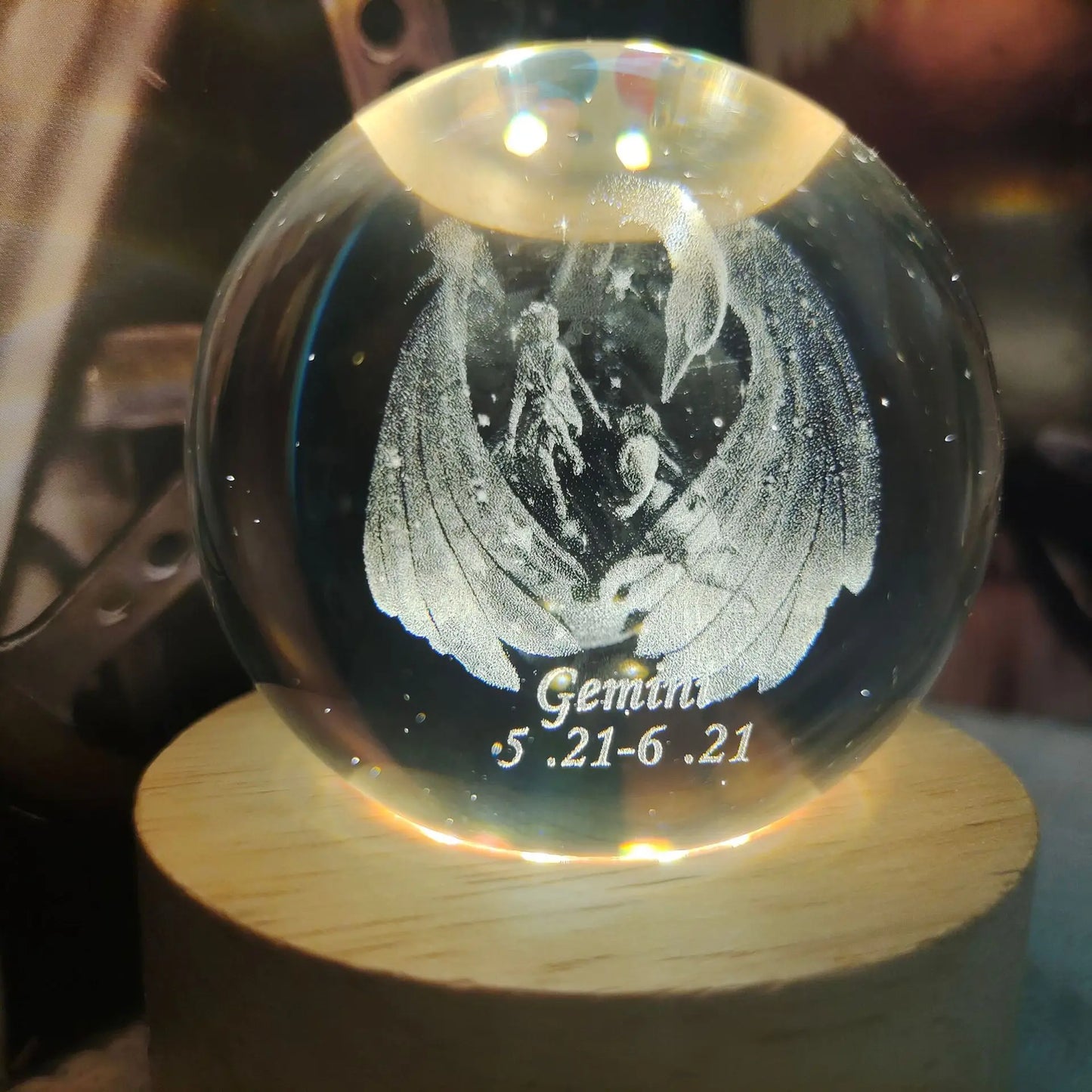 3D laser engraved crystal ball Gemini zodiac sign