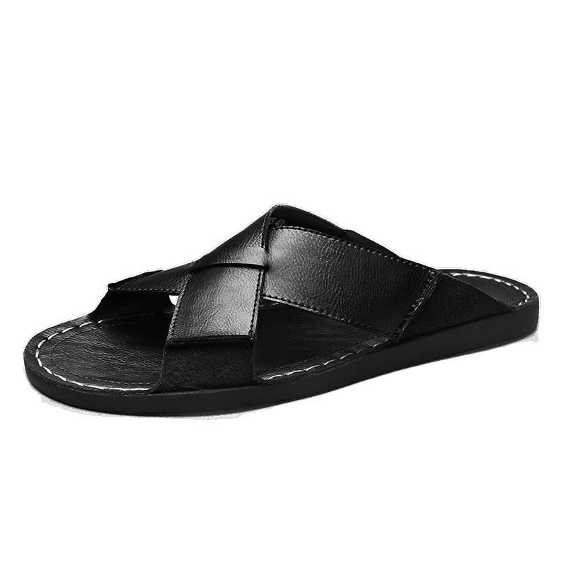 Summer New Genuine Leather Men's Breathable Casual Slip-on Beach Sandals