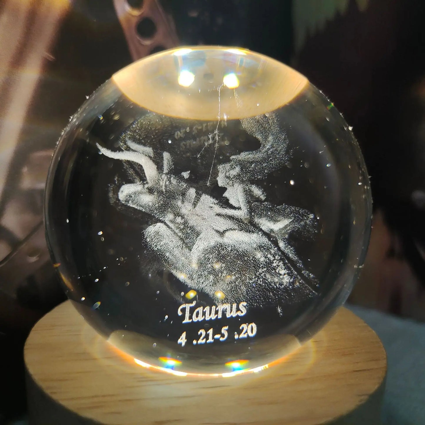 3D laser engraved crystal ball Taurus zodiac sign