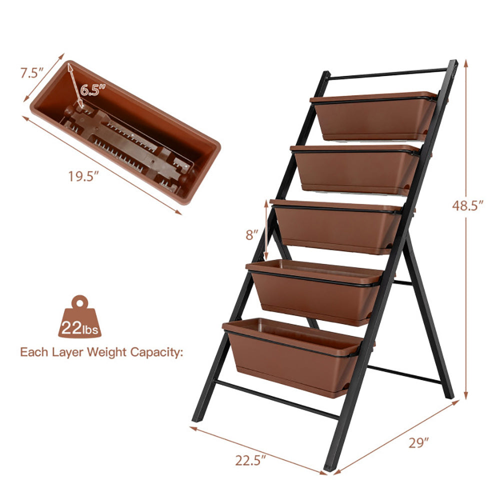 Folding plant stand with brown trays and black metal frame, showing dimensions and weight capacity.