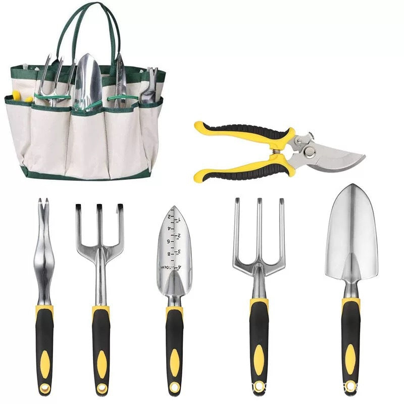 8 Pieces Aluminum Alloy Garden Tools kit for all ages. Two-color Plastic Handle 