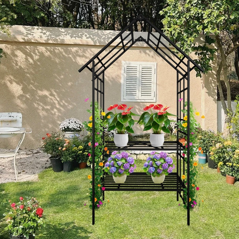 Black metal garden arch with potted plants for out door or garden
