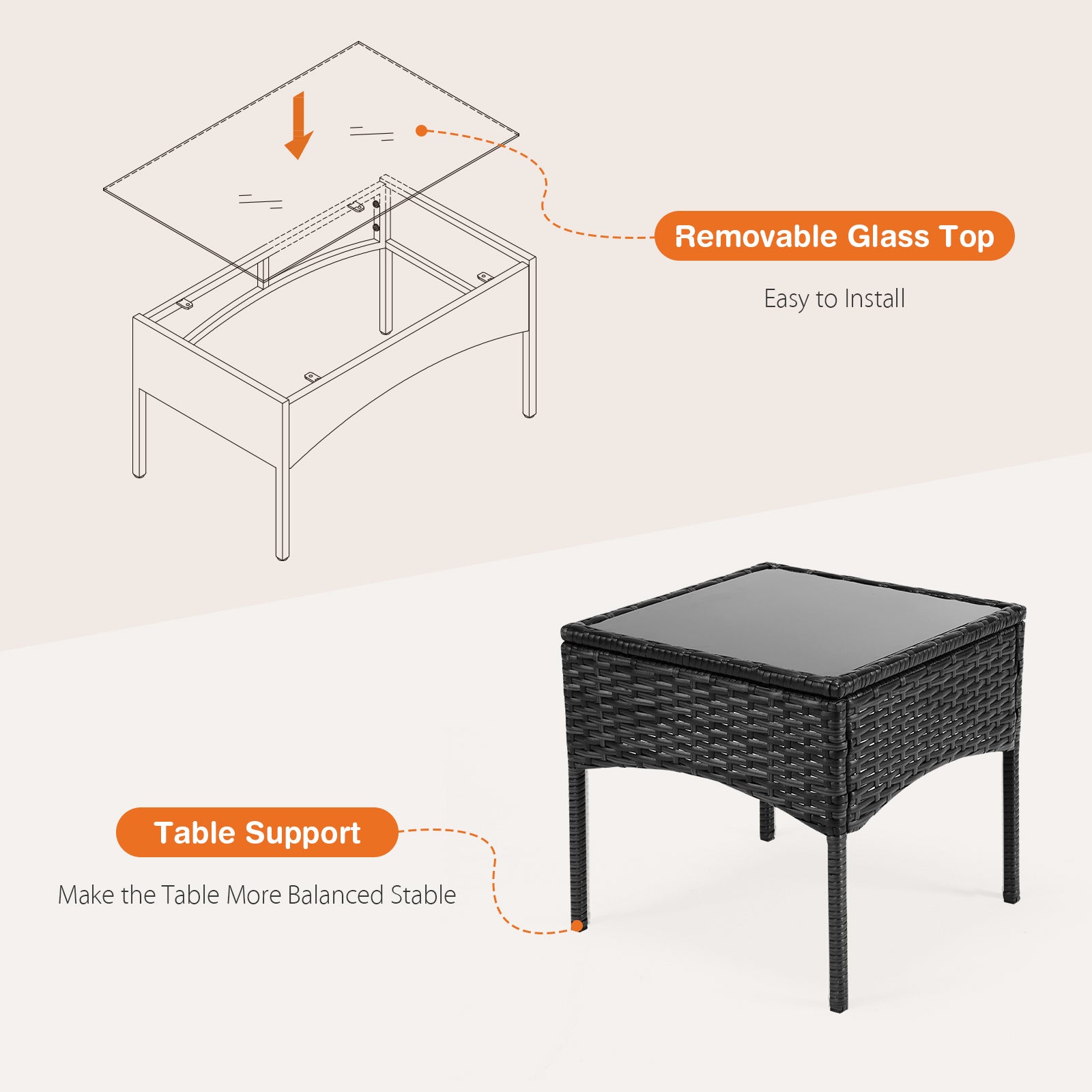Diagram and table with removable glass top and table support on a light background