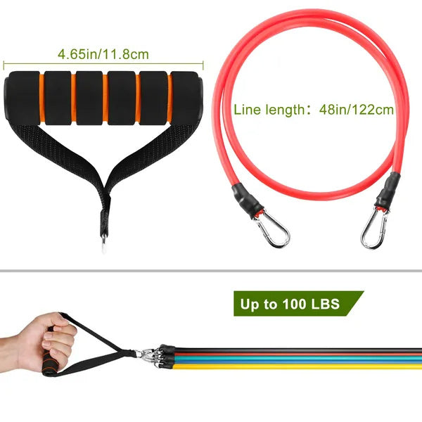 Resistance band with handle and carabiner, showing dimensions and weight capacity .