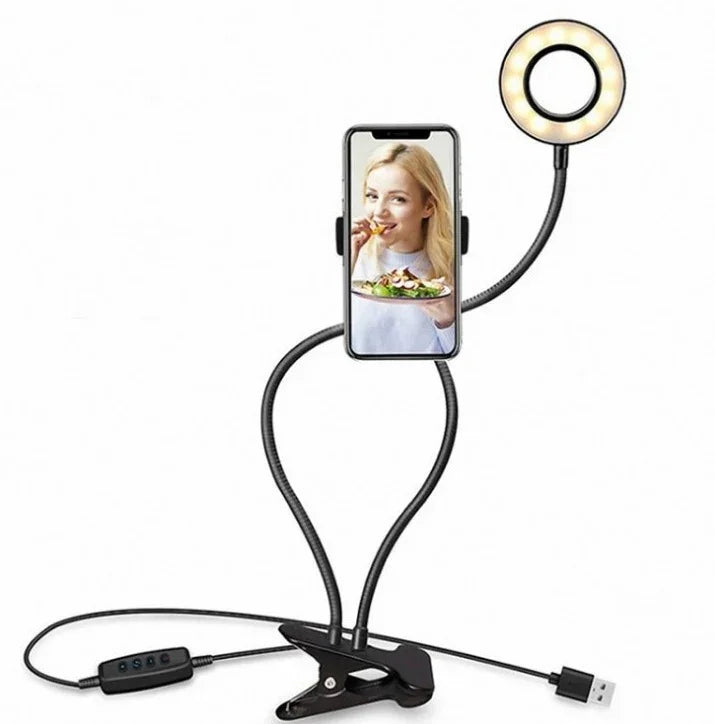 Phone holder with ring light and USB cable 