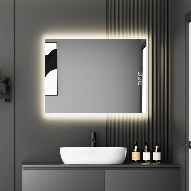 Bathroom vanity with illuminated mirror with defog technology and touch sensor